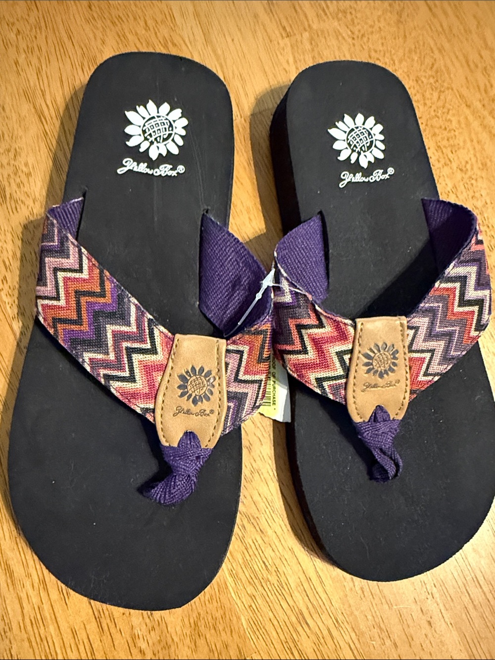 Yellow Box Black Sandals with Purple and Multicolor Chevron Straps